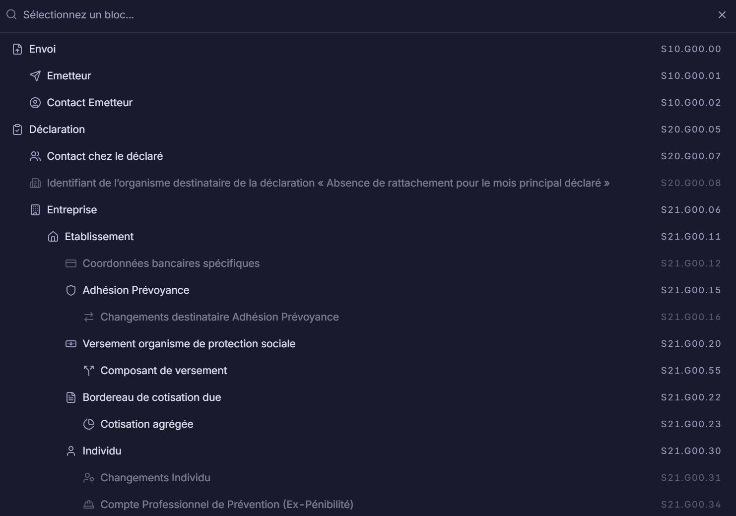 Interface de sélection des blocs DSN dans Dsn Lab - navigation intuitive par blocs (mode sombre)